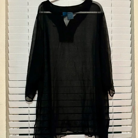 Blue Island New York Black Sheer Embroidered Tunic Swim Cover Up Plus Size 4X - Picture 2 of 4